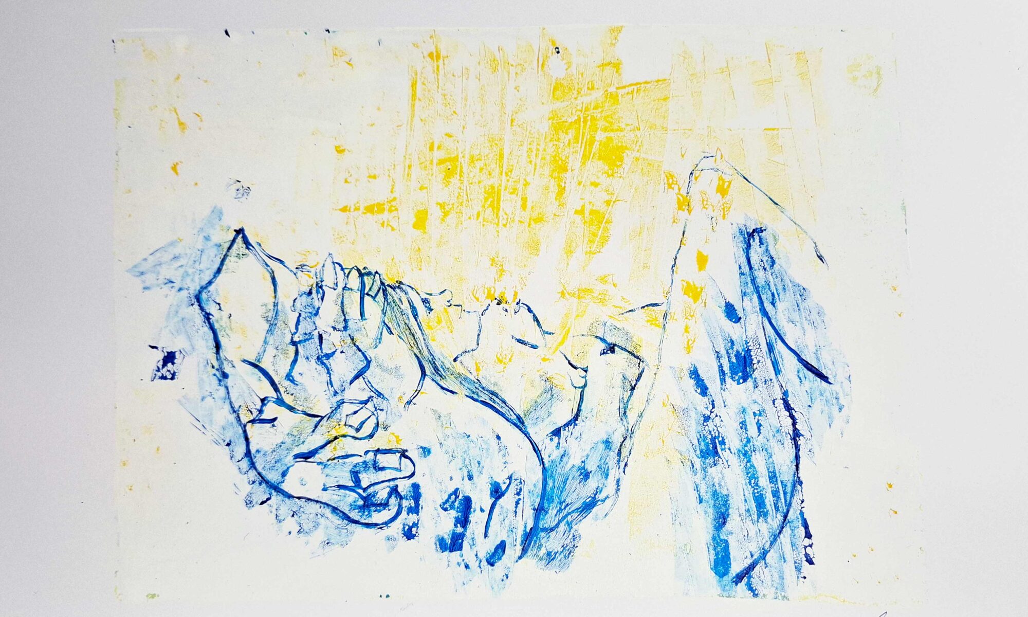 Hand-pulled vegetarian gelatin print in yellow and blue, Persian Gulf Sceneries 06/66, signed and numbered