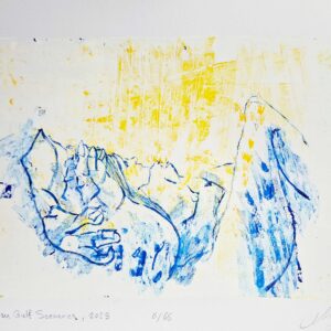 Hand-pulled vegetarian gelatin print in yellow and blue, Persian Gulf Sceneries 06/66, signed and numbered