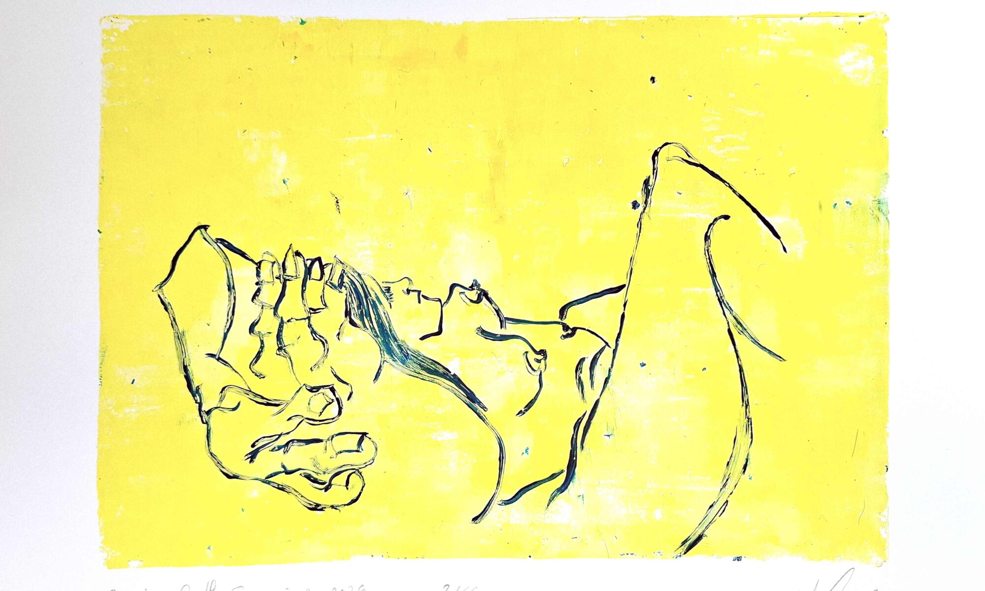 Hand-pulled vegetarian gelatin print, blue line drawing of a reclining figure on yellow, Persian Gulf Sceneries 07/66, signed and numbered