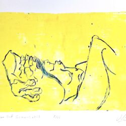 Hand-pulled vegetarian gelatin print, blue line drawing of a reclining figure on yellow, Persian Gulf Sceneries 07/66, signed and numbered